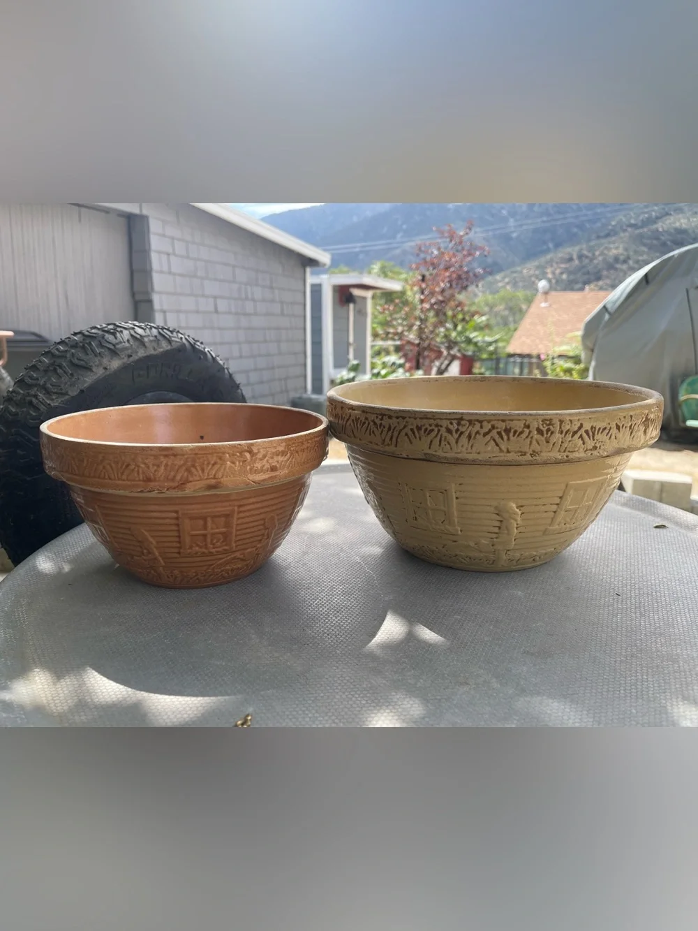 2-Antique Robinson Ransbottom girl w/watering can mixing bowls